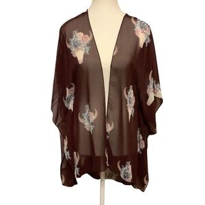 Eclipse Sheer Wine Purple Bull Skull Floral Kimono Cardigan Size S